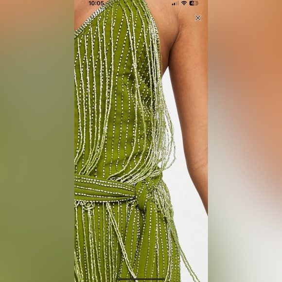 ASOS Design embellished fringe mini dress with tie waist with lime detail - Picture 2 of 9